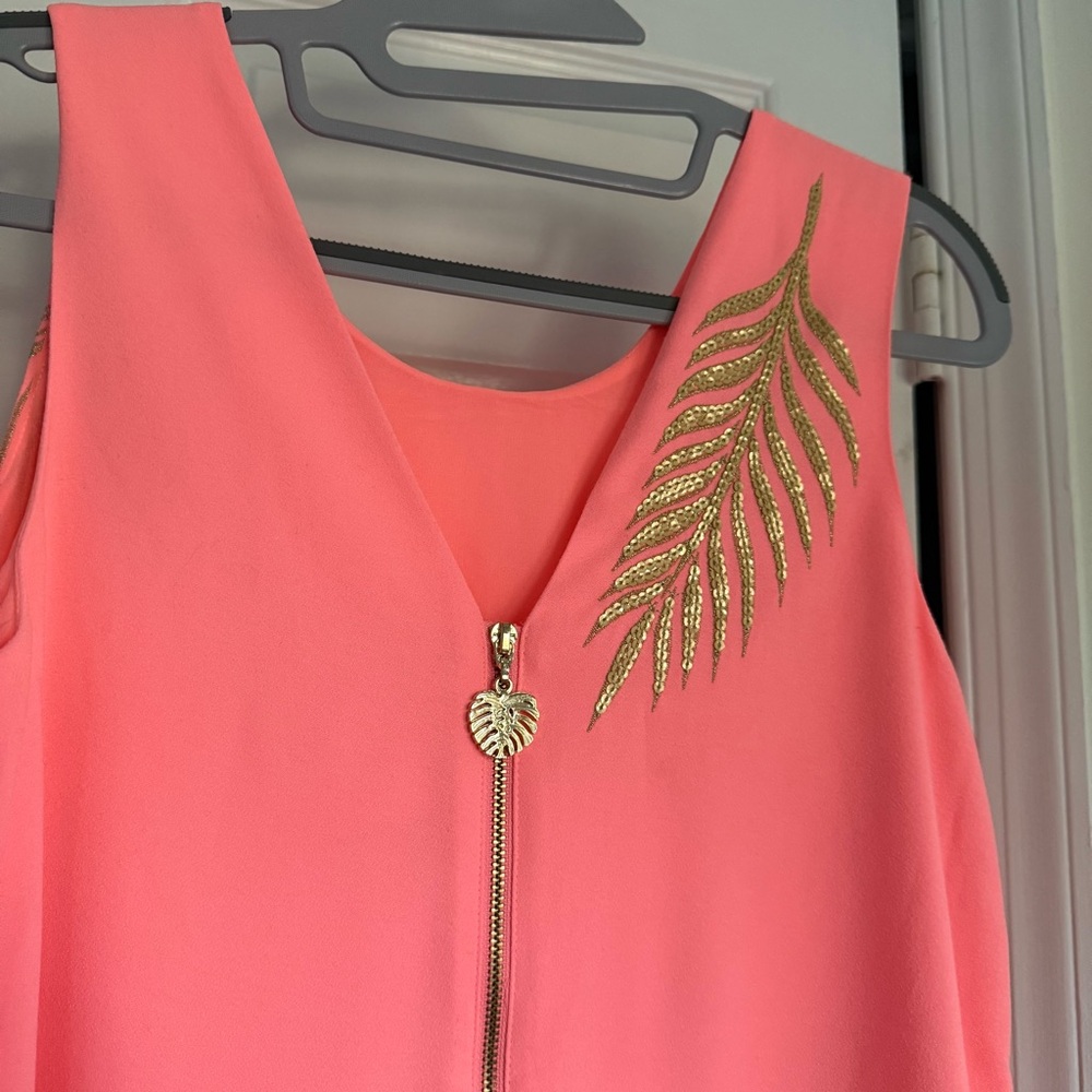 Lilly Pulitzer Coral Pink Gold Palm Leaf Shift Dress- Size XS - Picture 3 of 7